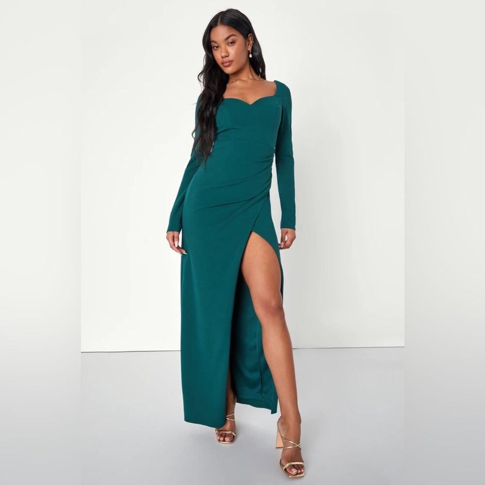 Lulus Undeniable Beauty Emerald Green Long Sleeve Tulip Maxi Dress Small